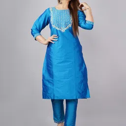 ANJAYA Geometric Yoke Design Regular Straight Kurta with Trousers & With Dupatta image 5
