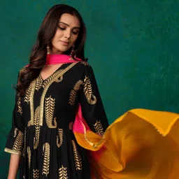 Sangria Ethnic Motifs Printed V-Neck A-Line Kurta With Trouser & Dupatta image 1