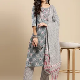 Sangria Grey & White Ethnic Motifs Printed Pure Cotton Kurta With Trouser & Dupatta-picture-23