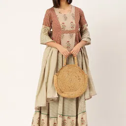 HERE&NOW Women Beige Printed Pure Cotton Top with Skirt & Dupatta-picture-6