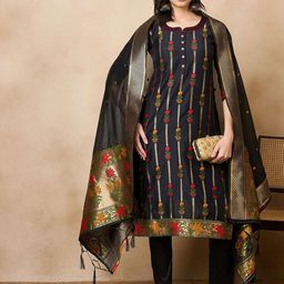 KAVINDI Ethnic Motifs Woven Design Jacquard Straight Kurta With Trousers & Dupatta-image-13