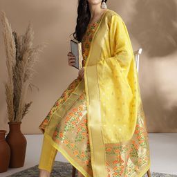 KAVINDI Ethnic Motifs Woven Design Chanderi Cotton Kurta With Trousers & Dupatta-image-16