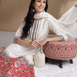 KAVINDI Floral Woven Design Chanderi Cotton Kurta With Trousers & Dupatta-image-71