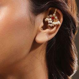 Rubans 22K Gold-Plated Ruby Pink & White Kundan Handcrafted Ear Cuff with Pearl Beads-0
