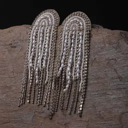 XPNSV Stone-Studded And Beaded Contemporary Tasselled Drop Earrings-0