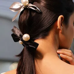Rubans Set of 2 Satin Bow & Pearl Embellished Elastic Hair Ties Black & Silver-50