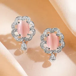 Rubans Rhodium-Plated Blush Pink & Cubic Zirconia Drop Stud Earrings in Silver Tone-image-47