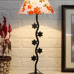 Devansh White & Orange Floral Printed Cotton Zig Zag Star Table Lamp With Iron Base-17