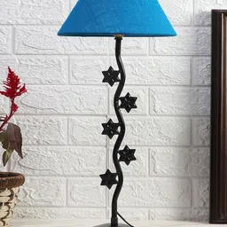 Devansh Turquoise Blue & Black Zig Zag Star Design Iron Table Lamp With Jute Shade-5
