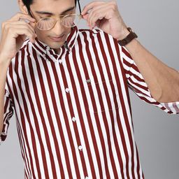 THE BEAR HOUSE Men Maroon & White Slim Fit Striped Casual Shirt-image-93