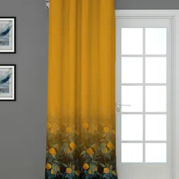 HOUZZCODE Yellow & Black Floral Black Out Long Door Curtain-36