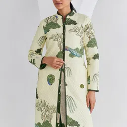Ancestry Floral Printed Mandarin Collar Reversible Cotton Longline Ethnic Tailored Jacket-image-1
