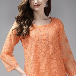 ADA Orange Ethnic Motifs Embroidered Chikankari Kurti With Matching Slip-picture-22