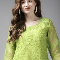 ADA Green Ethnic Motifs Embroidered Chikankari Kurti With Matching Slip-picture-39