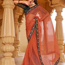 Kalista Orange Embellished Beads and Stones Pure Chiffon Saree-image-50
