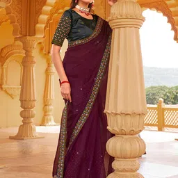 Kalista Purple Embellished Beads and Stones Pure Chiffon Saree-picture-51
