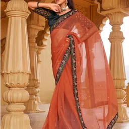 Mitera Orange Embellished Pure Chiffon Embroidered Designer Saree-picture-28