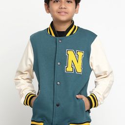 Lil Tomatoes Boys Typography Printed Fleece Varsity Jacket-image-32