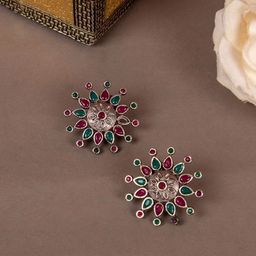 Sangria Oxidized Silver-Plated Floral Designed Earrings-image-88