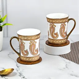 UPC Gold-Toned & Brown 2 Pcs Paisley Printed Ceramic Glossy Cups 280 ml each-33