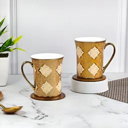 UPC Gold-Toned & Cream-Coloured 2 Pcs Floral Printed Ceramic Glossy Cups 280 ml each-29