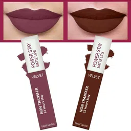 FORFOR Set of 2 Power Stay Matte Lips Non-Transfer 12 Hours Stay Velvet Matte Liquid Lipstick 4 ml Each- Mauve Matte 23 - Cocoa Brown 16-8