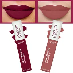 FORFOR Set of 2 Power Stay Matte Lips Non-Transfer 12 Hours Stay Velvet Matte Liquid Lipstick 4 ml Each- Bridal Maroon 09-Sandy Nude 21-13
