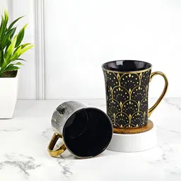 UPC Black & Yellow 2 Pcs Geometric Printed Ceramic Glossy Cups 280 ml each image 3