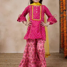 pspeaches Girls Geometric Printed Flared Sleeves A-Line Kurti With Sharara & Dupatta-image-58
