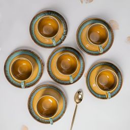 ARAVALII Yellow & Blue 6 Pieces Textured Ceramic Glossy Cups 100 ml-7