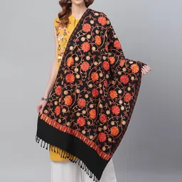 WEAVERS VILLA Women Black & Orange Floral Embroidered Shawl-picture-33