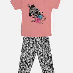 TINY HUG Girls Pink & Black Printed T Shirt &  Trousers-12