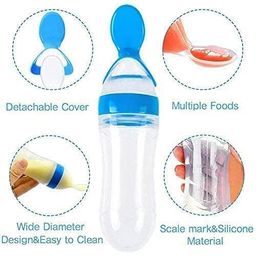 The Moms care Combo of Fruit Nibbler Pacifier and Silicone Squeeze Feeding Spoon Bottle for Feeding Milk Cereal 0 to 12 Months Daily Needs Items, Same Color Design Blue Set for Your Baby Boy image 5