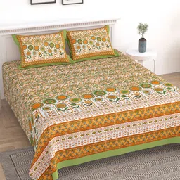 Sangria Green & Brown Floral Printed 210TC Cotton Super King Bedsheet With 2 Pillow Cover-image-82