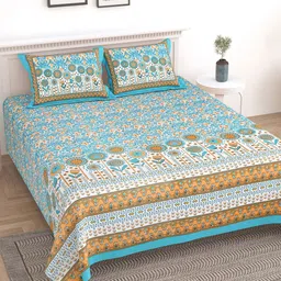 Sangria Blue & Brown Floral Printed 210TC Cotton Super King Bedsheet With 2 Pillow Covers-image-27