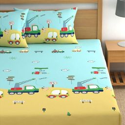 Bajo's Blue Conversational 250 TC Cotton Fitted King Bedsheet with 2 Pillow Covers-image-13