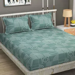 Bajo's Green & White Geometric 250 TC Cotton Fitted King Bedsheet with 2 Pillow Covers-image-6
