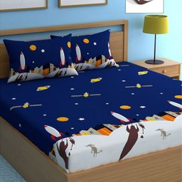 Bajo's Blue Conversational 250 TC Fitted Cotton King Bedsheet with 2 Pillow Covers-image-55
