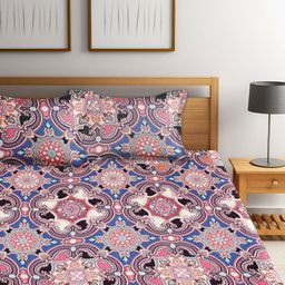 RAGO Peach & Blue Floral 210 TC Microfiber Queen Bedsheet With 2 Pillow Covers-image-93