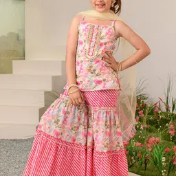 pspeaches Girls Floral Printed Regular Pure Cotton Kurta with Sharara & Dupatta-picture-12