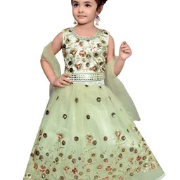 SKY HEIGHTS Girls Green & Gold-Toned Embellished Ready to Wear Lehenga & Blouse With Dupatta-image-82