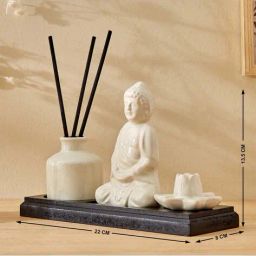 home centre Divine 4Pcs Ceramic and Wood Buddha Reed Diffuser Set image 3