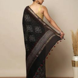 indie picks Handblock Ajrak Print Chanderi Zari Border Saree image 3