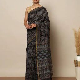 indie picks Handblock Ajrak Print Chanderi Saree image 3