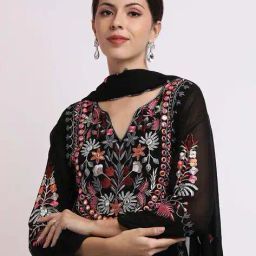 indie picks Georgette Embroidered Work Kurta With Palazzos Dupatta image 4