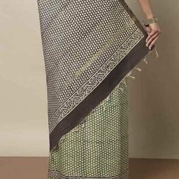 indie picks Handblock Bagru Dabu Print Saree with Zari Border image 5