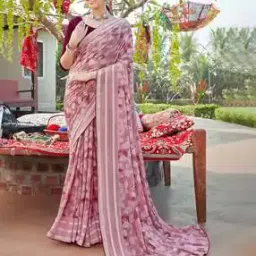 Leaf Print Chiffon Saree with Tassels-image-56