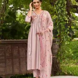 Embroidered Flared Kurta & Pants with Dupatta Set-image-16