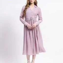 Women Pleated Belted Shirt Dress-image-67