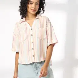 Women Striped Print Boxy Shirt-image-79